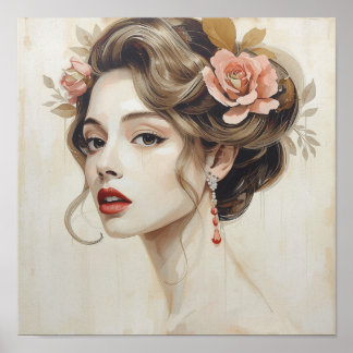 Vintage Rose Hair Woman Art Nouveau Poster