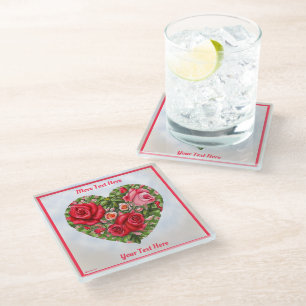 Vintage Rose Heart Glass Coaster