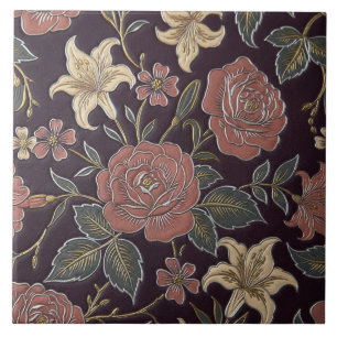 Vintage Rose & Lily Bloom on Deep Plum Elegance Tile