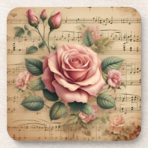 Vintage Rose Music Cork Back Plastic Coasters