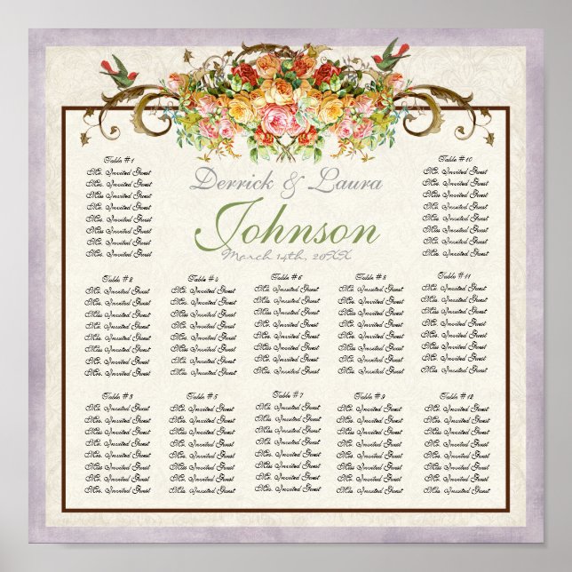 Vintage Rose n Birds Reception Table Seating Chart (Front)