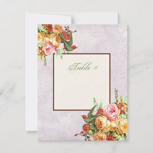 Vintage Rose n birds Table Number Card (Front)