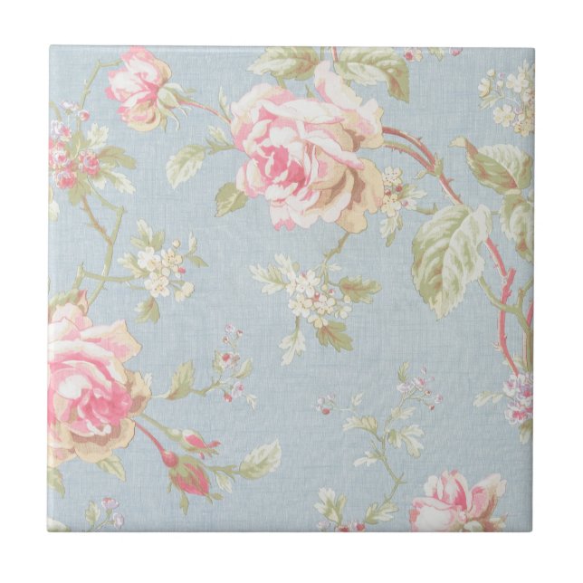 vintage rose pattern shabby chic style blue tile (Front)
