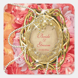 Vintage rose pearls wedding bride groom square sticker