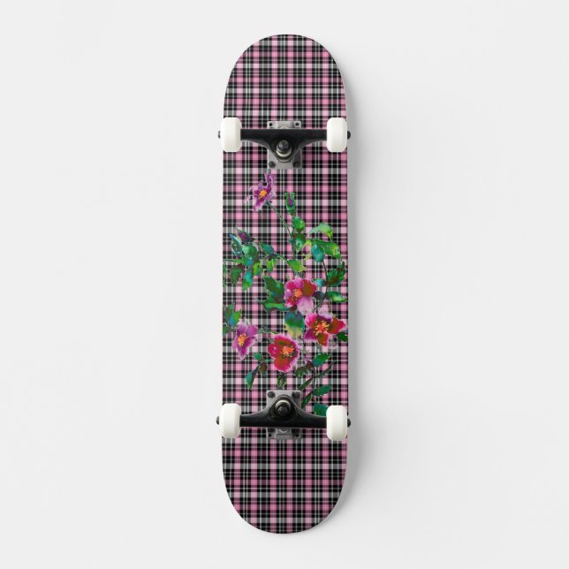Vintage rose pink and black plaid skateboard (Front)