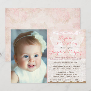 Vintage Rose Pink Angel Wings Baptism 2nd Birthday Invitation