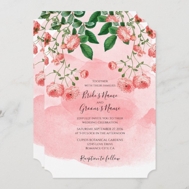 Vintage Rose Pink Floral Botanical Wedding Invitation (Front/Back)