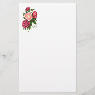 Vintage Rose Pink Peony Flowers Monogram Stationery