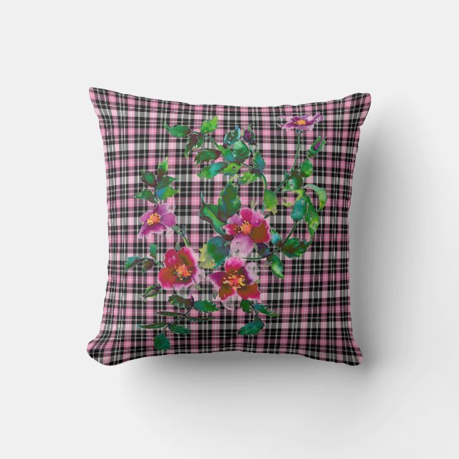 Vintage Rose pink plaid Cushion (Front)