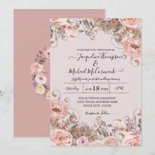 Vintage Rose Pink Watercolor Floral Dried Foliage Invitation
