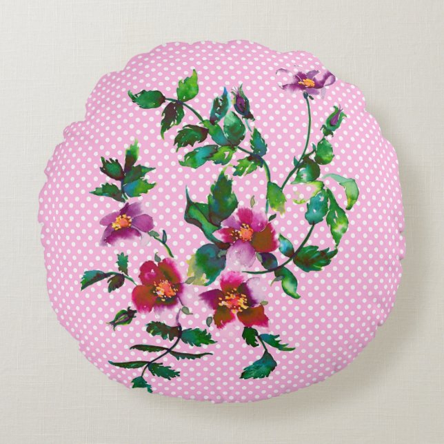 Vintage  Rose pink/white polka-dots Round Cushion (Front)