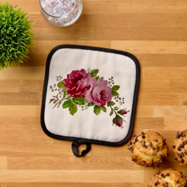 Vintage Rose  Pot Holder (Pot Holder Full rubber protection cover no slip silicon hanging loop. )