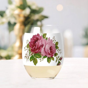 Vintage Rose  Stemless Wine Glass