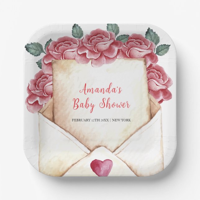 Vintage Rose Sweetheart Letter  Baby Shower  Paper Plate (Front)