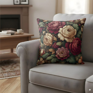 Vintage Rose Throw Pillow Dark Floral Pattern