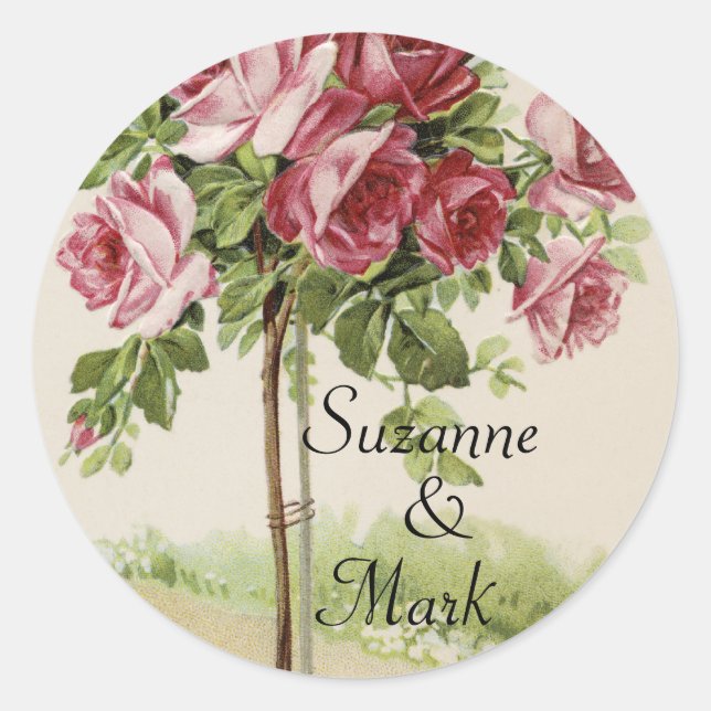 Vintage Rose Wedding Classic Round Sticker (Front)