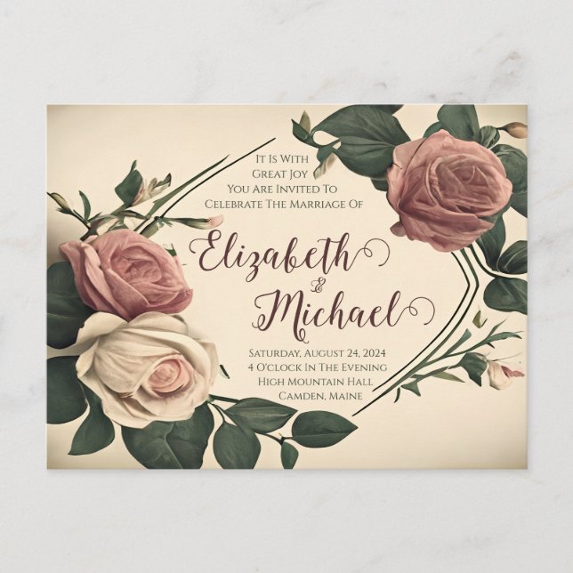 Vintage Rose Wedding Invitation Postcard (Front)