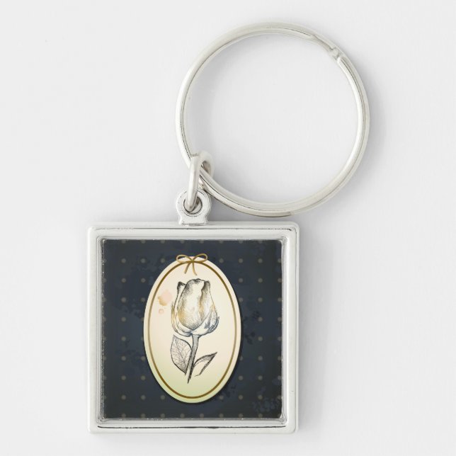 Vintage rosebud in black, keychain (Front)