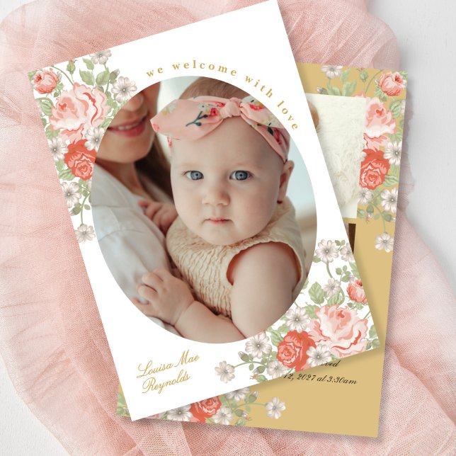 Vintage Rosebud Welcome New Baby Photos Invitation (Creator Uploaded)