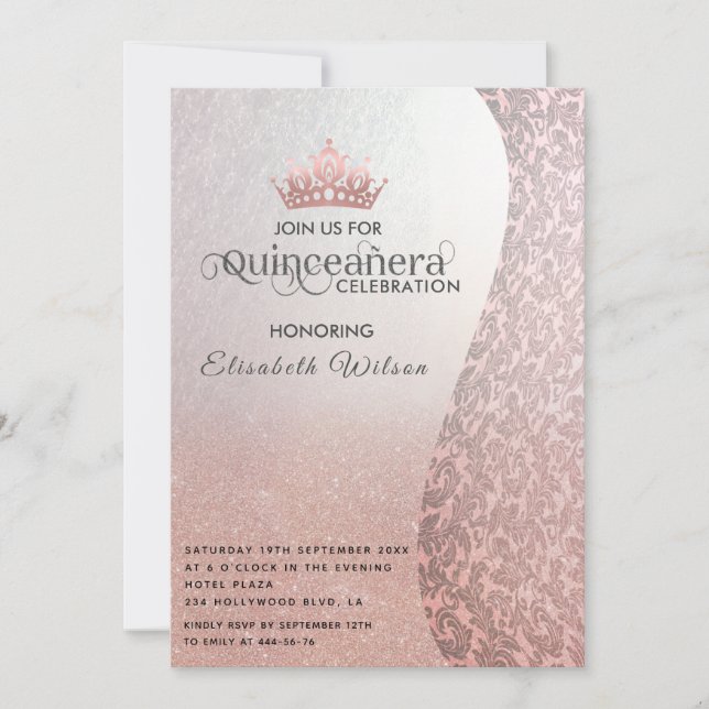 Vintage rosegold luxury damask tiara Quinceañera   Invitation (Front)