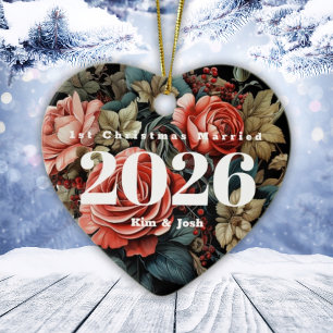 Vintage Roses 1st Christmas Married Heart Ceramic Tree Decoration