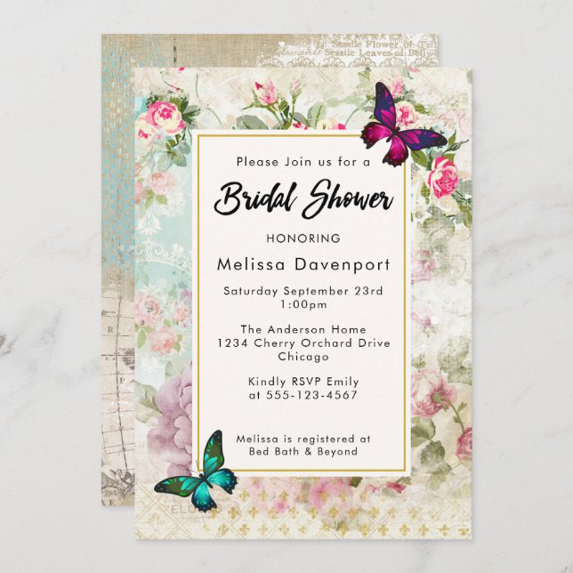 Vintage roses and Butterflies Bridal Shower Invite (Front/Back)