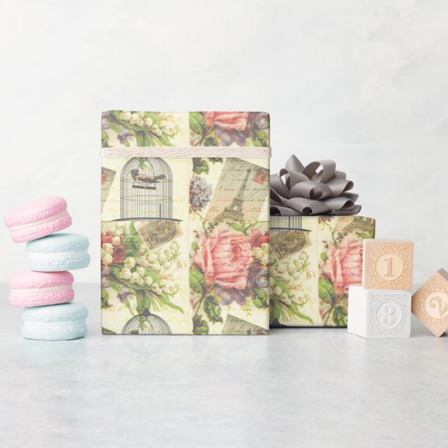 Vintage Roses and Caged Bird Wrapping Paper (Baby Shower)