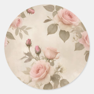 Vintage Roses and Daisies on Beige Background Classic Round Sticker