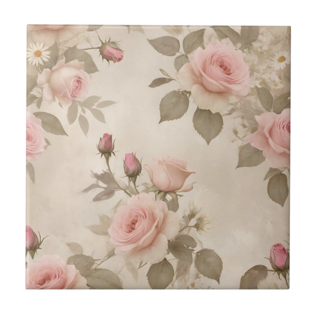 Vintage Roses and Daisies on Beige Background Tile (Front)