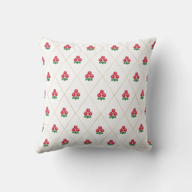 Vintage Roses and Diamonds Pattern White Red Cushion (Back)