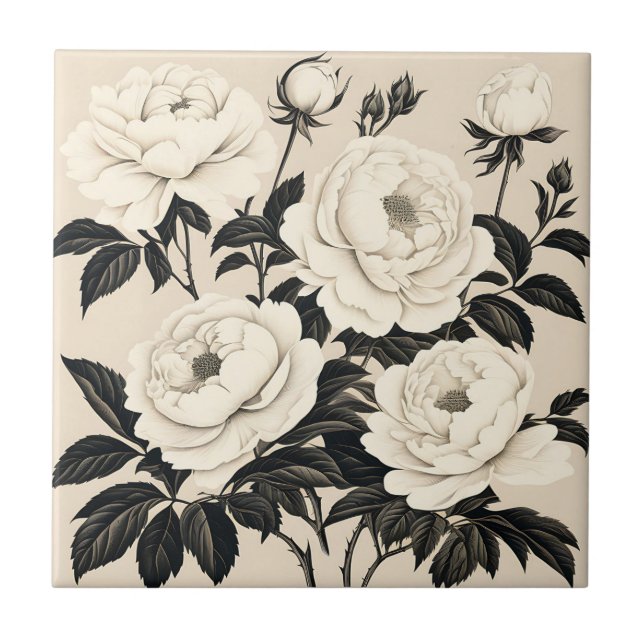 Vintage Roses And Peonies On Cream Tile (Front)