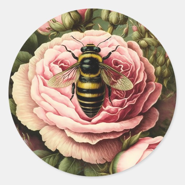 Vintage Roses and Queen Bee Classic Round Sticker (Front)