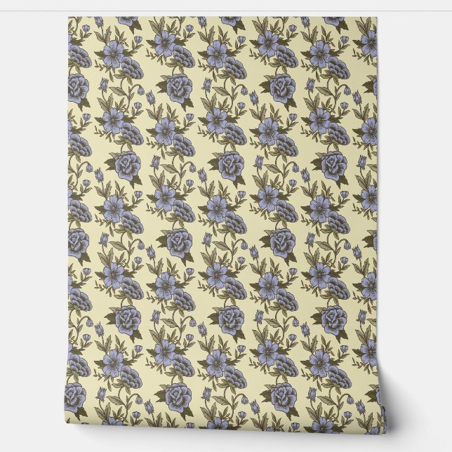 Vintage Roses Blue Beige Wallpaper (Unrolling)