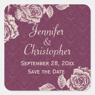 Vintage Roses Cream on Magenta Save the Date Square Sticker