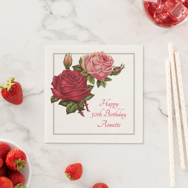 Vintage Roses Custom Birthday Party Napkins (Insitu)