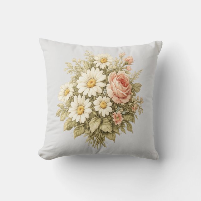 Vintage Roses & Daisies Floral Bouquet  Cushion (Front)