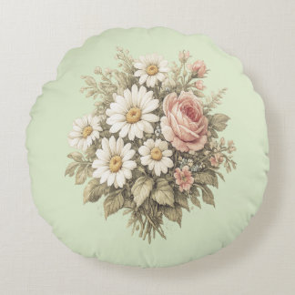 Vintage Roses & Daisies Floral Bouquet  Throw Pill Round Cushion