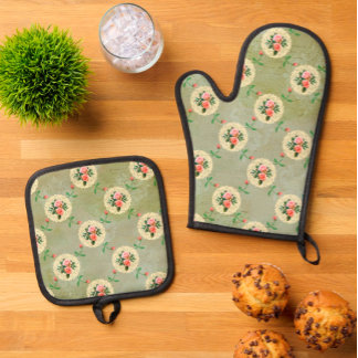 Vintage Roses Doilies Faded Smoky Green Damask Oven Mitt & Pot Holder Set