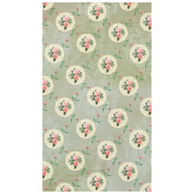 Vintage Roses Doilies Faded Smoky Green Damask Tablecloth (Front)