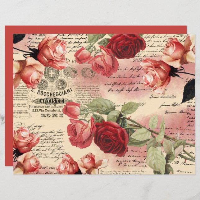 Vintage Roses Ephemera Scrapbook Paper Sheet (Front/Back)