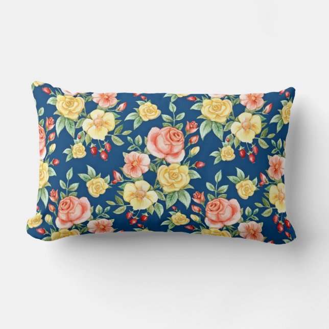 Vintage Roses Floral Pattern Illustration Lumbar Cushion (Front)