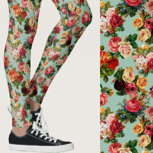 Vintage roses floral pink and sage green Patterned Leggings
