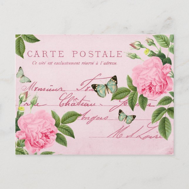 Vintage roses floral postcard with butterflies (Front)