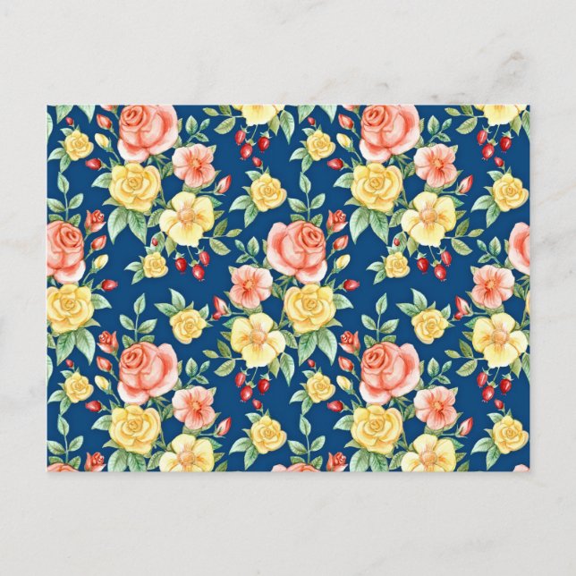 Vintage Roses Flowers Pattern Illustration Postcard (Front)