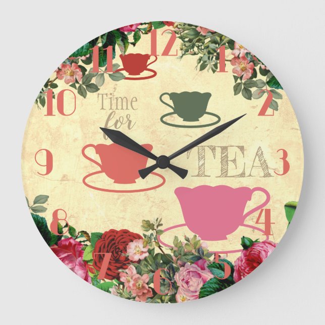 Vintage roses flowers teacups personalized kitchen large clock (Front)