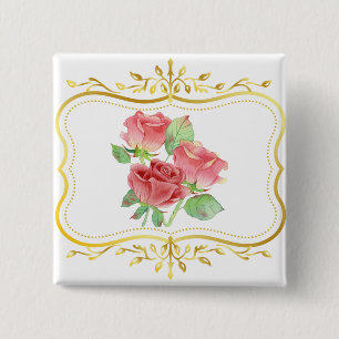 vintage roses gold frame floral design  15 cm square badge