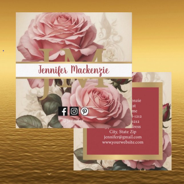 Vintage Roses Gold Pretty Pink  Square Business Card (Creator Uploaded)