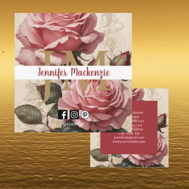 Vintage Roses Gold Pretty Pink  Square Business Card (Creator Uploaded)
