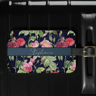 Vintage Roses On A Dark Blue Velvet Design Name Luggage Tag