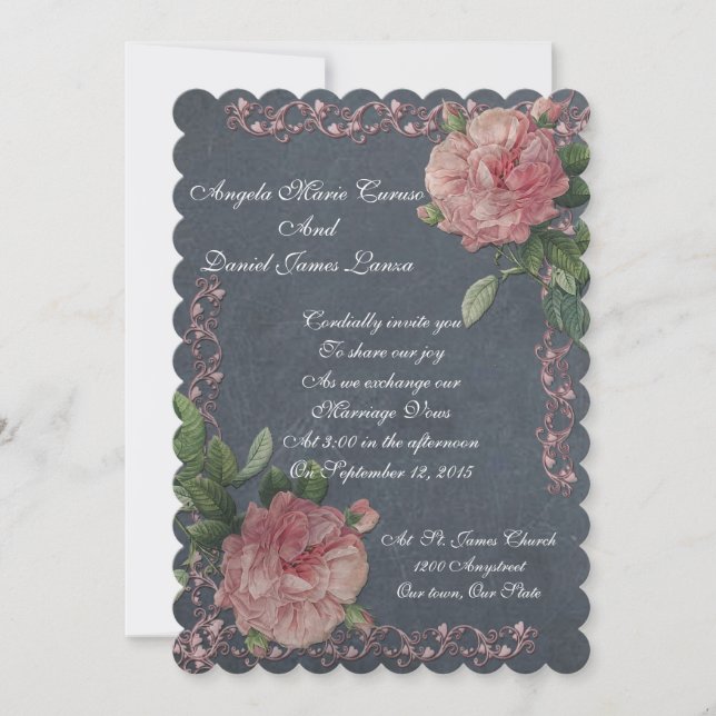 Vintage roses on chalkboard wedding Invitation (Front)